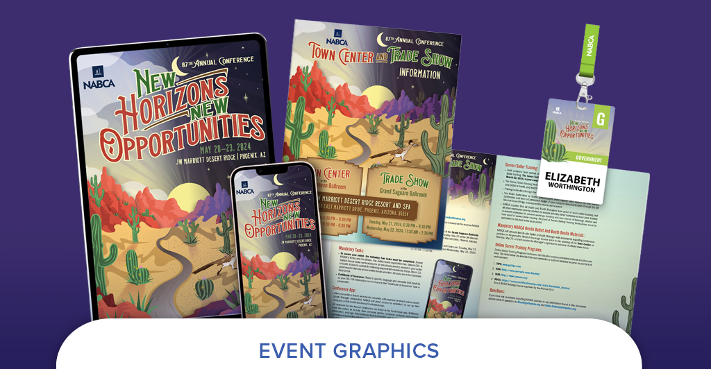 event collateral showing brochure, flyer, digital graphics