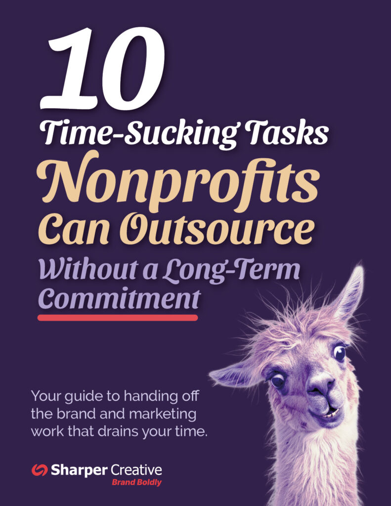 Purple cover with text about outsourcing nonprofit tasks and a smiling llama illustration.