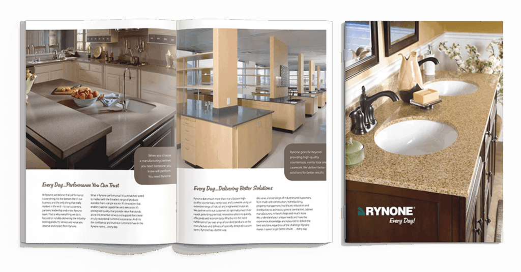 Three-panel brochure featuring modern kitchens, lab countertops, and a granite bathroom vanity top