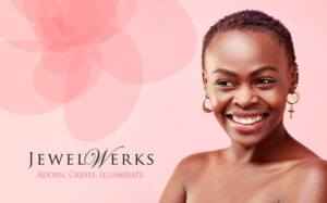 Woman wearing jewelry as a backdrop to the branding for JewelWerks
