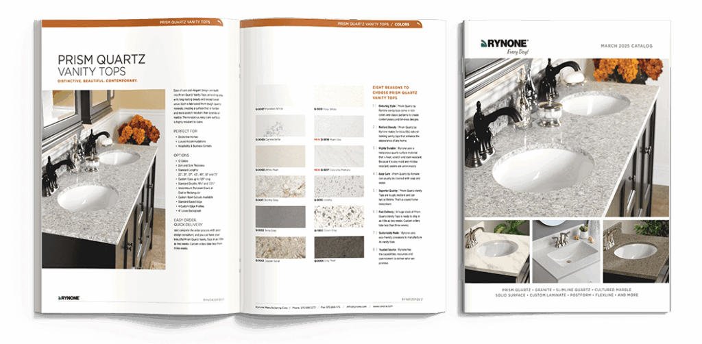Open catalog showing Prism Quartz vanity tops with color swatches and lifestyle sink installation examples