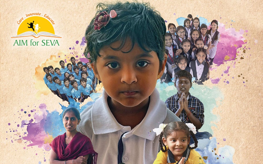Collage of children and educators in India with watercolor accents and the AIM for Seva logo, featured nonprofit marketing collateral by Sharper Creative