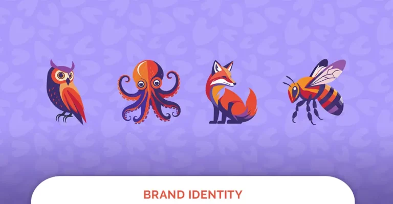 Stylized owl, octopus, fox, and bee illustrations showcasing creative brand icon design on a purple background.