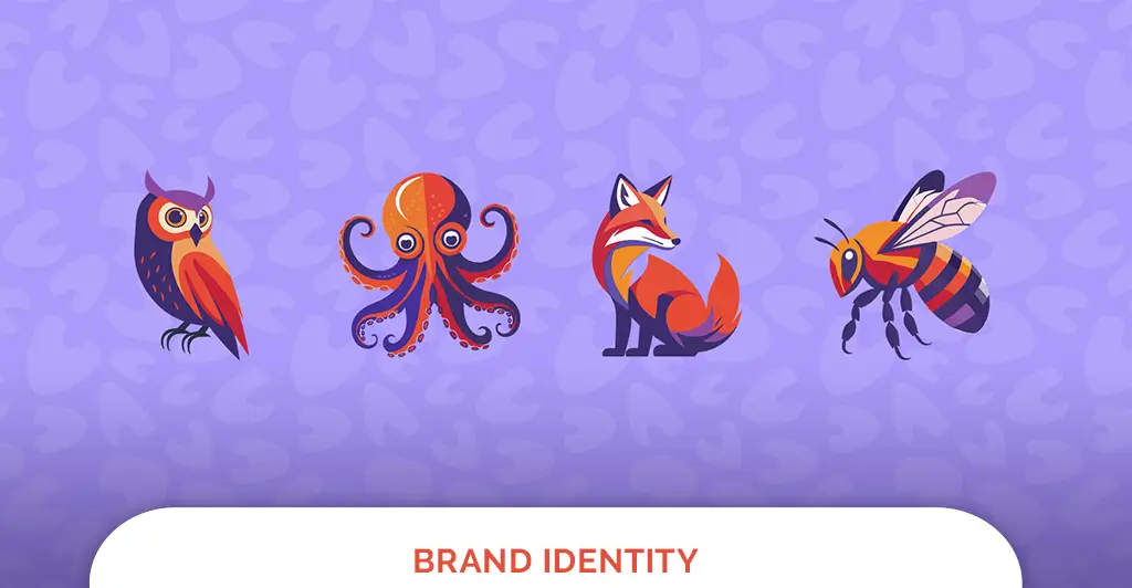 Stylized owl, octopus, fox, and bee illustrations showcasing creative brand icon design on a purple background.