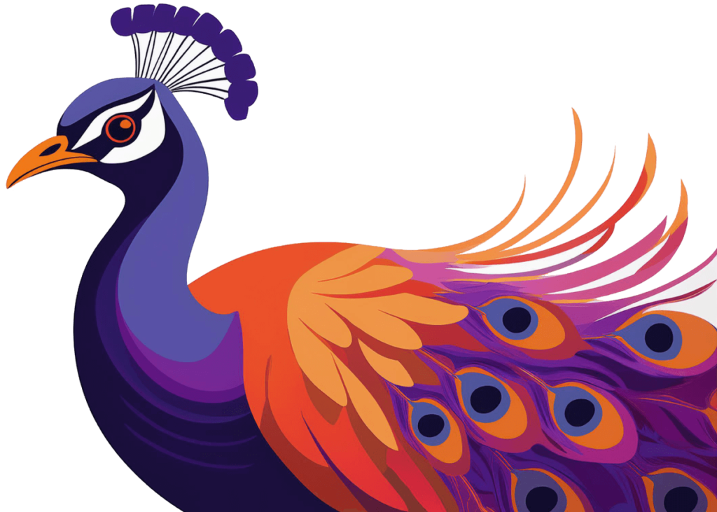 Detailed peacock feather illustration in bold orange, purple, and blue, representing uniqueness and creativity.