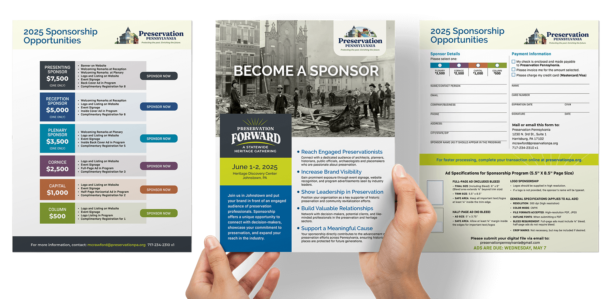 Sponsorship sheets and flyer showing sponsor levels, event details, and historic background image.