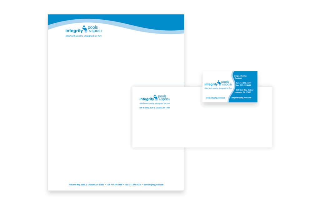 Integrity Pools branded stationery set with letterhead, envelope, and business card for consistent corporate identity