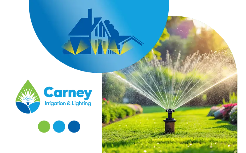 Carney Irrigation & Lighting branding with logo, color palette, and garden sprinkler illustrating irrigation services.