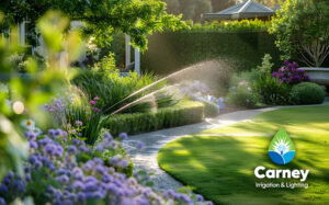Lush green garden with sprinkler system and the Carney Irrigation and Lighting logo, small business brand identity by Sharper Creative