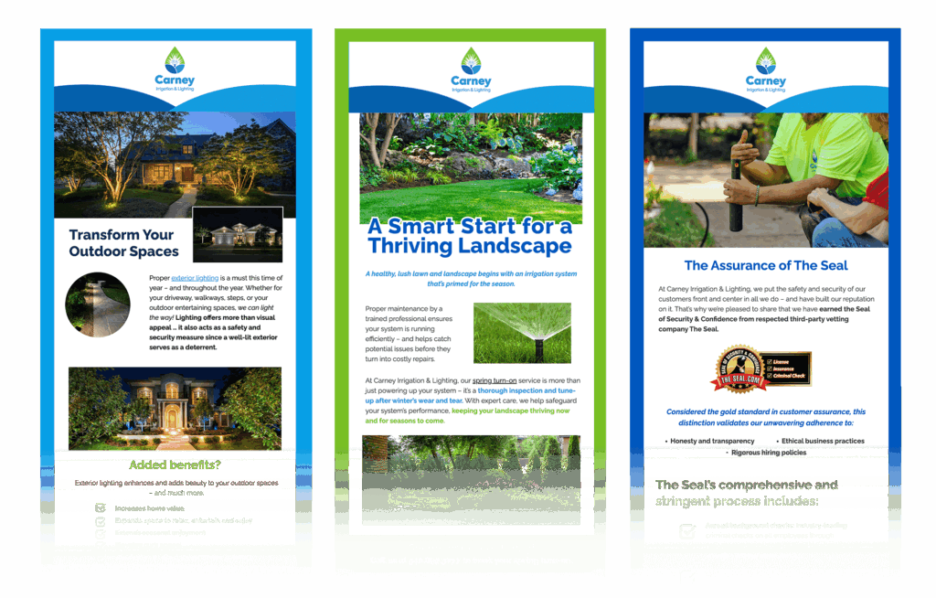Series of emails showcasing outdoor lighting installation and irrigation services sent by Carney Irrigation & Lighting