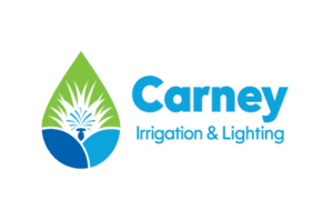 Carney Irrigation & Lighting logo featuring a water droplet with grass and sprinkler icon