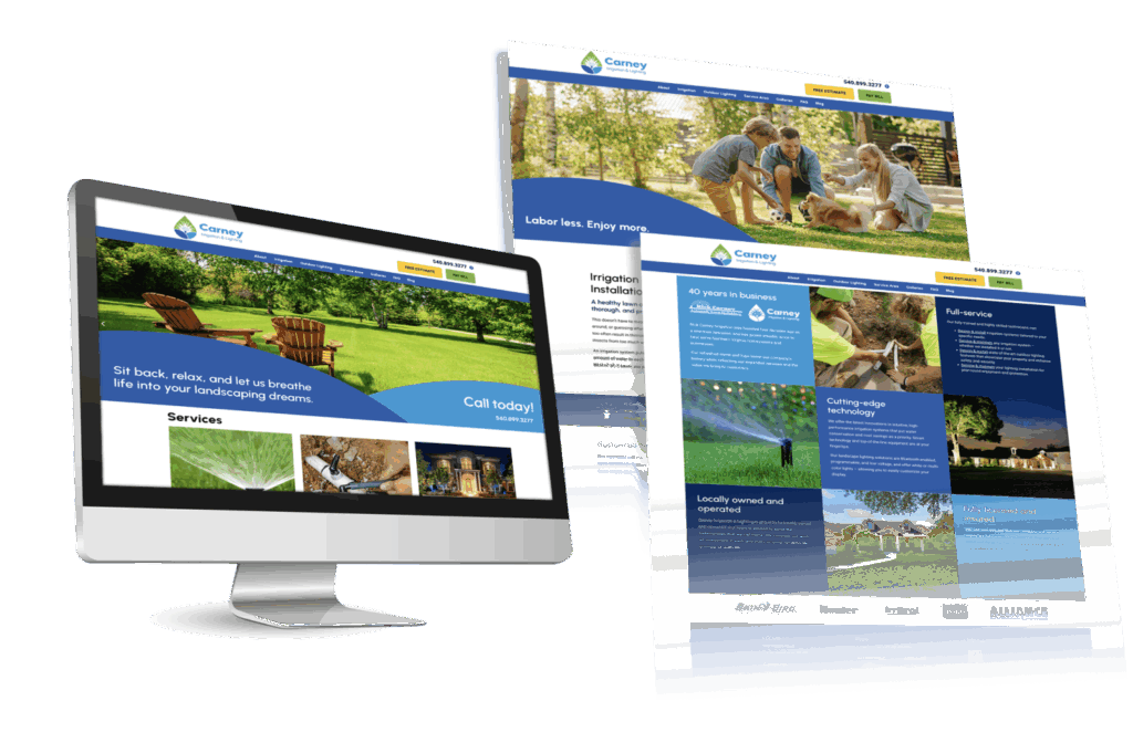 Digital mockups of Carney website showcasing Carney’s irrigation and outdoor lighting solutions with strong brand identity.