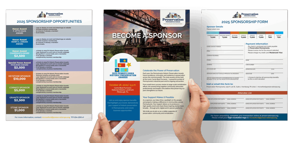 Three printed 2025 sponsorship brochures and forms for Preservation Pennsylvania, including benefits, event details, and registration fields.