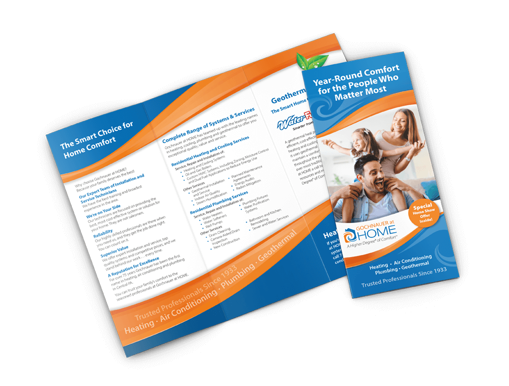 Gochnauer at Home trifold brochure promoting heating, air conditioning, plumbing, and geothermal services for year-round family comfort