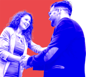 Two professionals shaking hands while smiling, representing collaboration in strategic brand design.