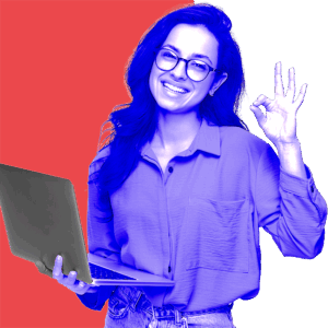 miling woman holding laptop and making an OK gesture, symbolizing success in strategic brand design.