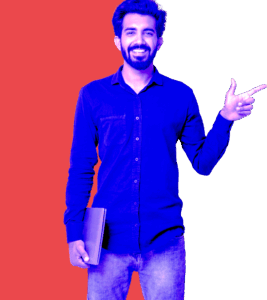 Smiling man holding a tablet and pointing to the side