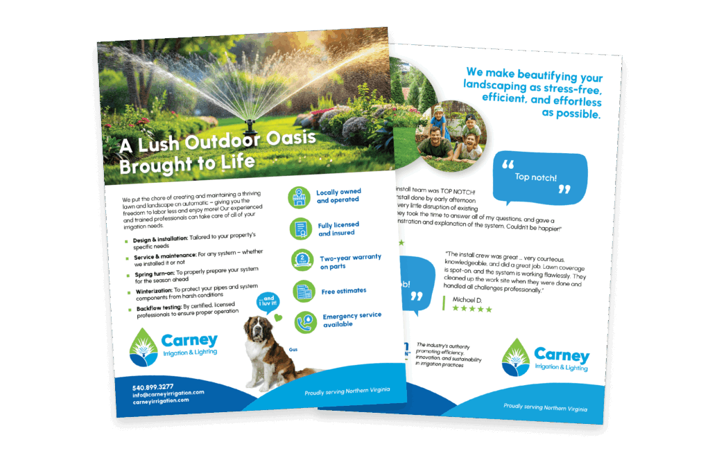 Carney Irrigation & Lighting flyer showing sprinkler in lush garden and services like installation, maintenance, and backflow testing.