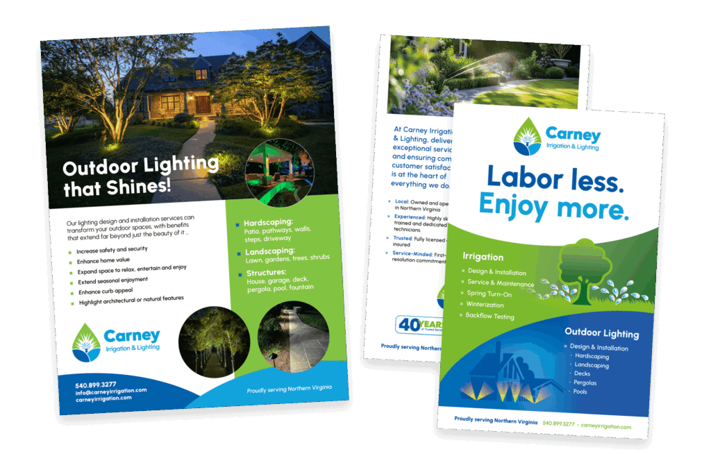 Carney Irrigation & Lighting sales sheets highlighting outdoor lighting, hardscaping, and irrigation solutions in Northern Virginia.