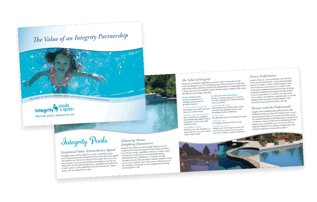 Marketing brochure for Integrity Pools showcasing custom swimming pool designs, spas, and quality craftsmanship