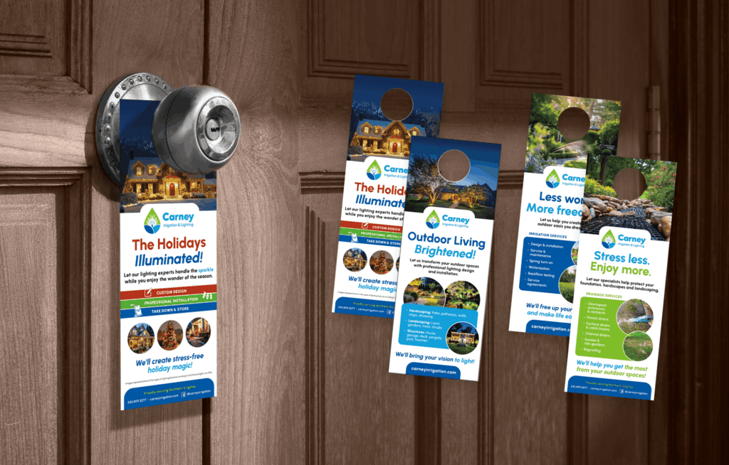 Carney Irrigation and Lighting door hangers promoting holiday lighting, outdoor design, irrigation, and drainage services