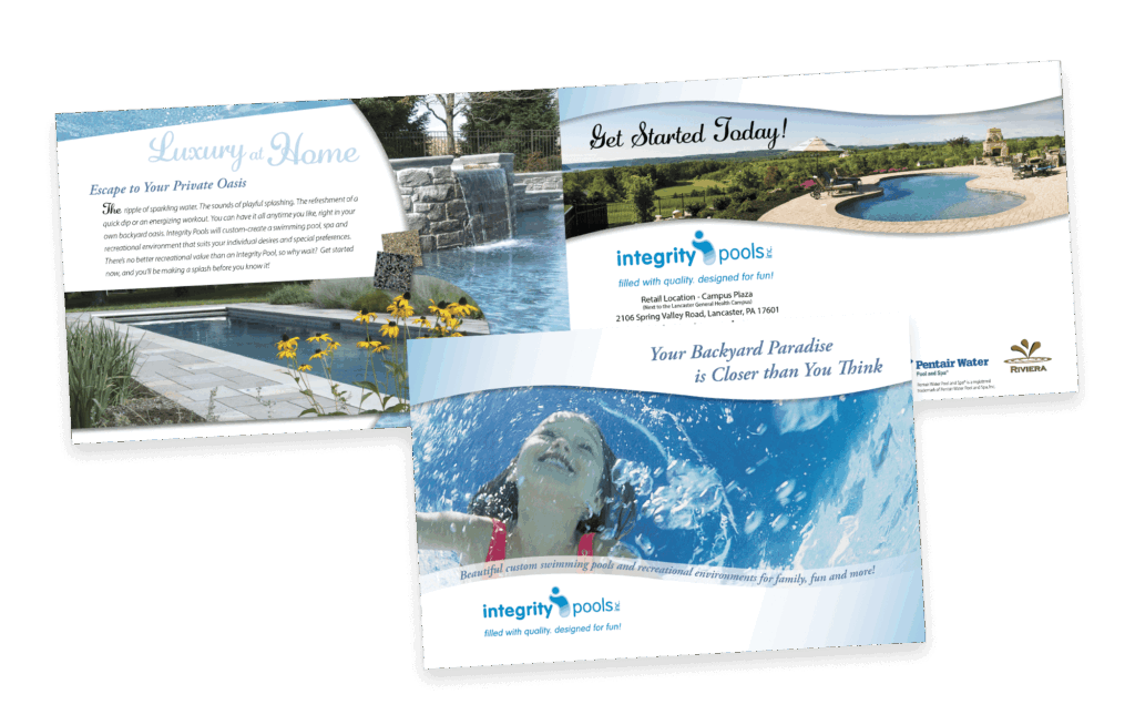 Integrity Pools brochure promoting custom swimming pools and backyard spas for luxury home recreation