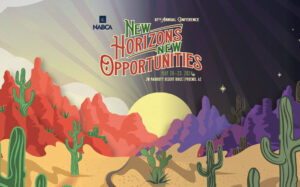 Illustrated desert landscape with cacti and bold hand-lettered typography for the NABCA 87th Annual Conference, custom event graphics by Sharper Creative