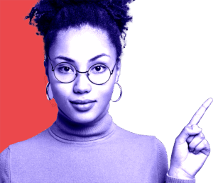 Woman in glasses pointing upward, suggesting an idea related to strategic brand design.
