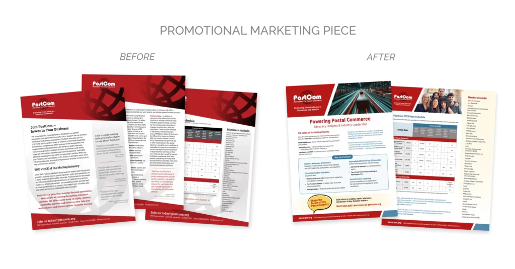 PostCom promotional materials before and after