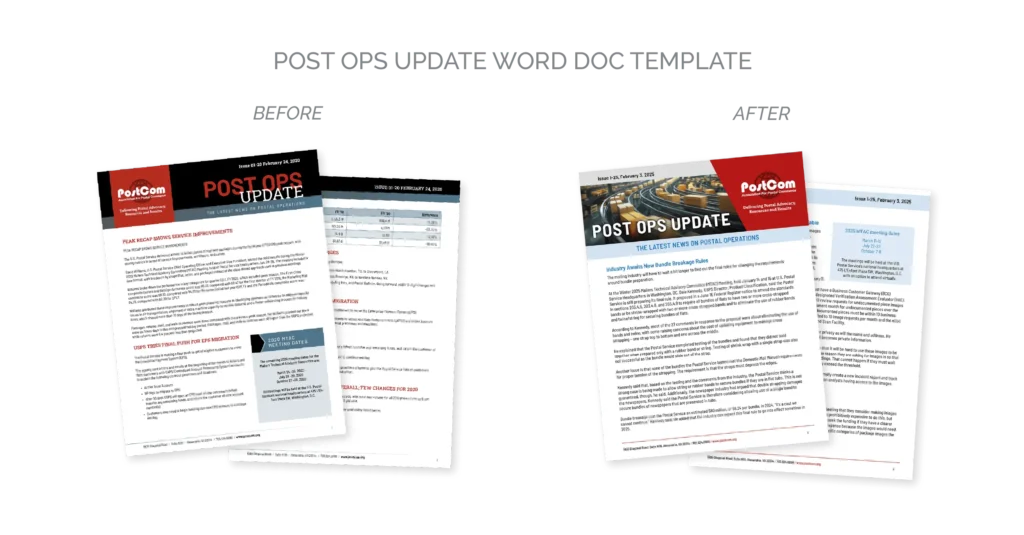 Comparison of before and after Post Ops Update before and after Sharper Creative redesign.