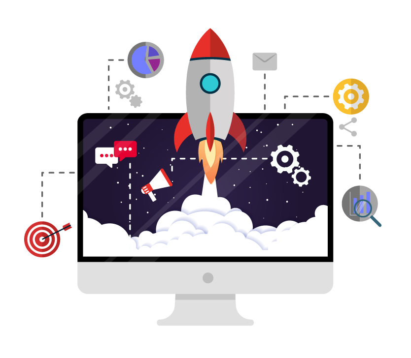 Illustration of a rocket launching from a desktop computer screen with digital marketing icons surrounding it, representing a website launch