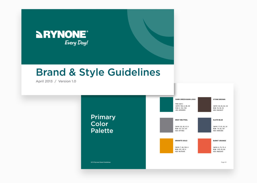 Rynone brand and style guidelines cover with a primary color palette, part of a brand refresh marketing initiative.