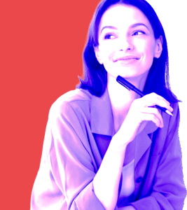woman thinking and smiling, holding a pen
