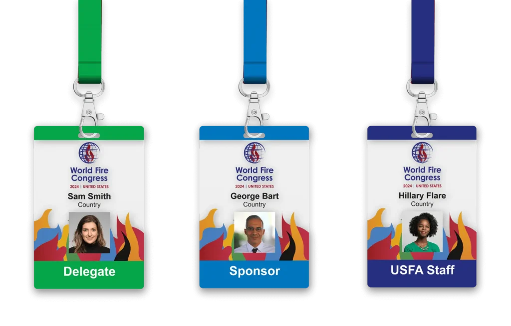 World Fire Congress 2024 name badges for a delegate, sponsor, and staff, with event branding.