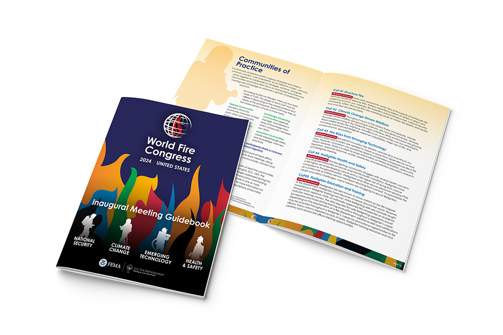 World Fire Congress 2024 Inaugural Meeting Guidebook cover and inside spread showing ‘Communities of Practice’ section with colorful flame motif and text highlights.