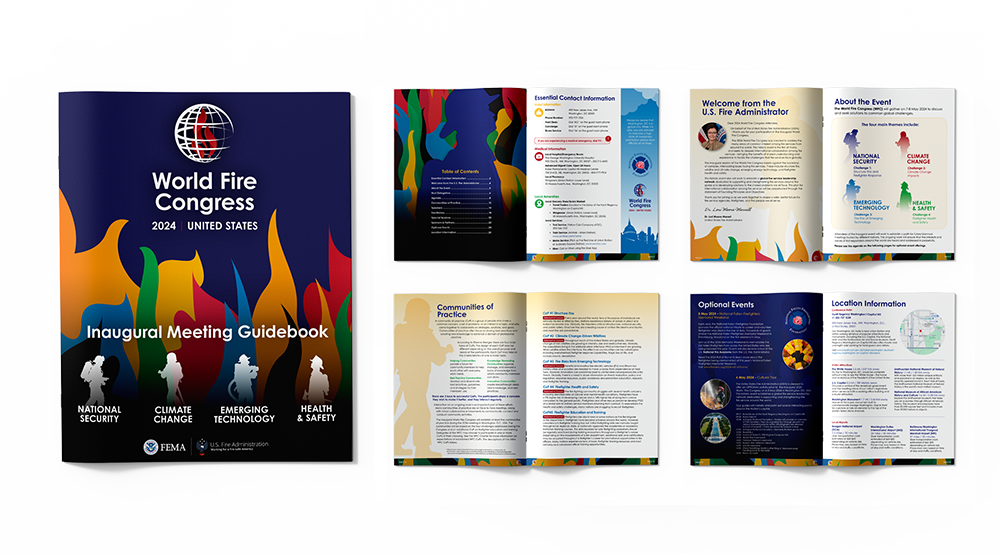 World Fire Congress 2024 Inaugural Meeting Guidebook cover and open pages featuring welcome message, event overview, Communities of Practice, optional events, and location map.