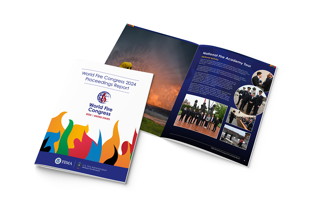 World Fire Congress 2024 Proceedings Report booklet, showing cover with colorful flame graphics and open pages featuring the National Fire Academy Tour section with photos and text.