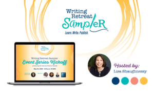 Writing Retreat Sampler branding with a laptop displaying event details, a host portrait, and a creative swirl design.
